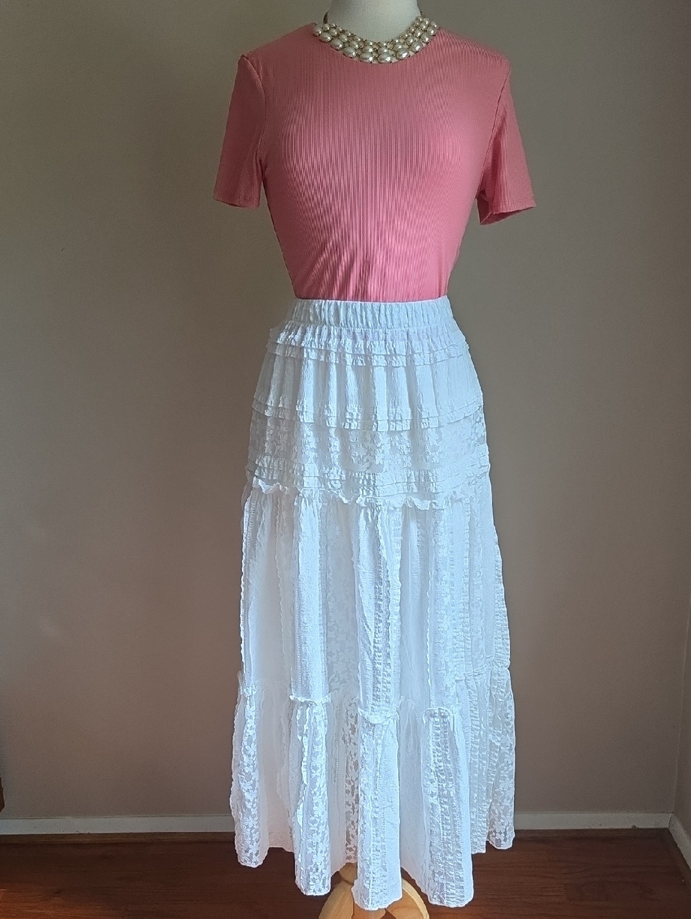 White Tiered Maxi Skirt - Flowy Lace Detail